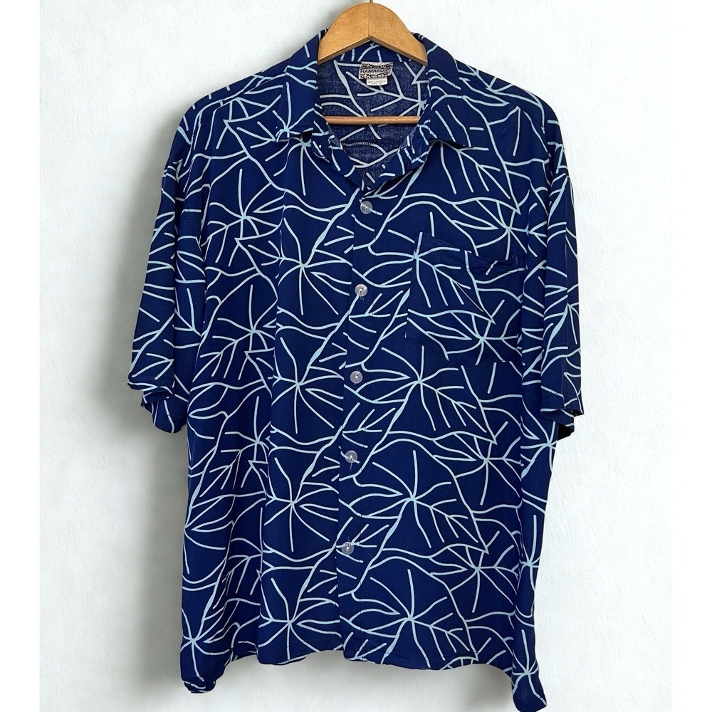 Hamakua Hawaii Men's XL Aloha Shirt Blue Kalo Taro Leaf Print Rayon Button Up